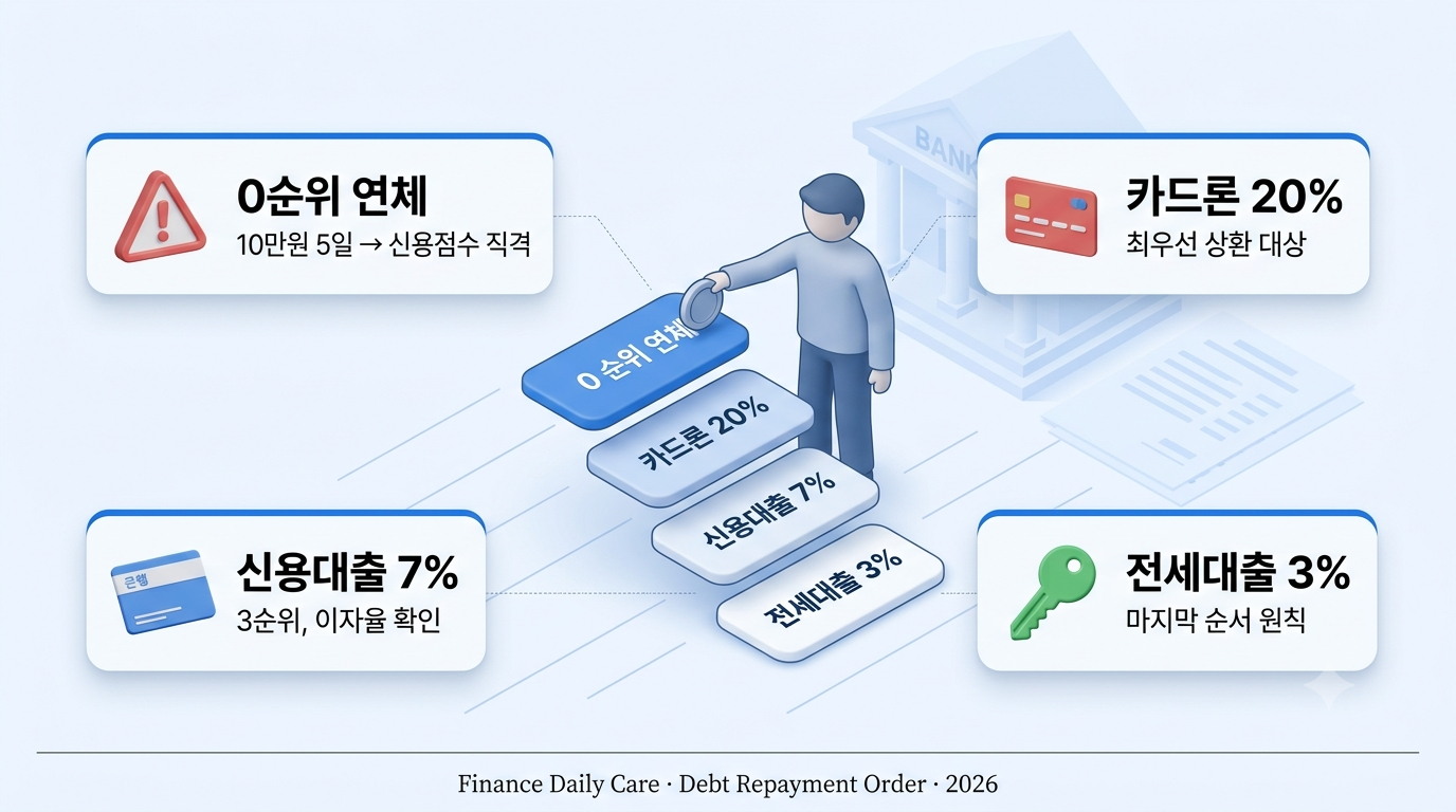 빚 갚는 순서 시각화 - 카드론 20% 마이너스통장 14% 신용대출 7% 전세대출 3% 이자율별 상환 우선순위