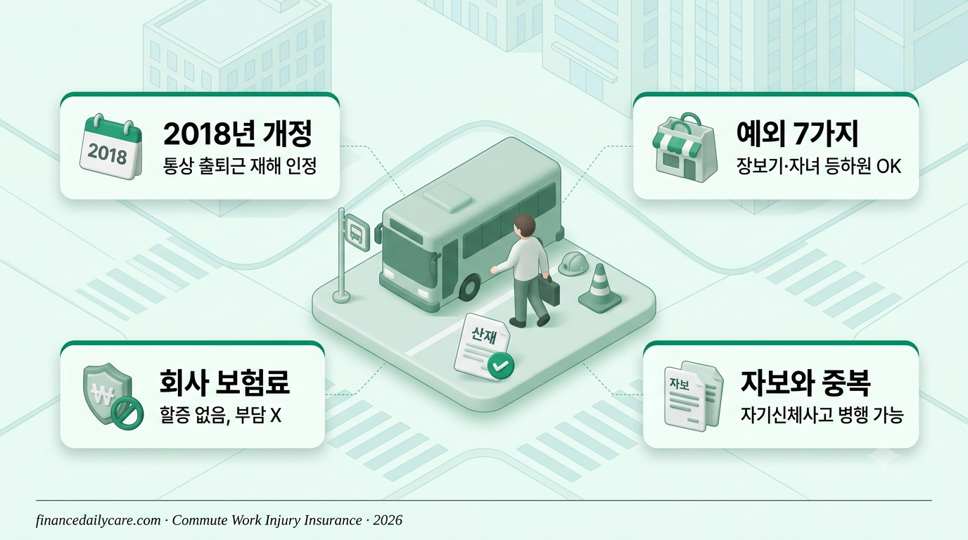 산재보험 출퇴근 재해 인포그래픽 — 2018년 개정과 예외 7가지 팩트 카드