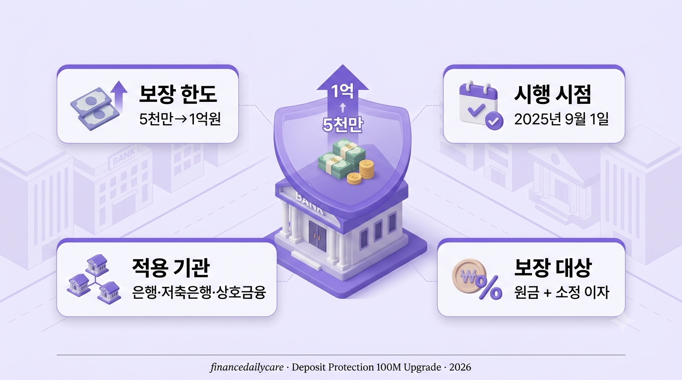 예금자보호 한도 1억원 상향을 나타내는 은행 건물과 방패, 상승 화살표 3D 아이소메트릭 이미지