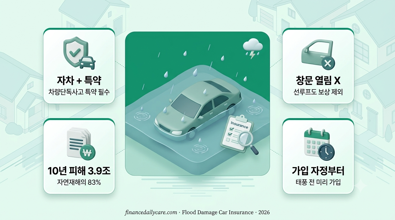 침수차 보험 장마철 보상 인포그래픽 — 자차 특약과 창문 개방 함정 팩트 카드