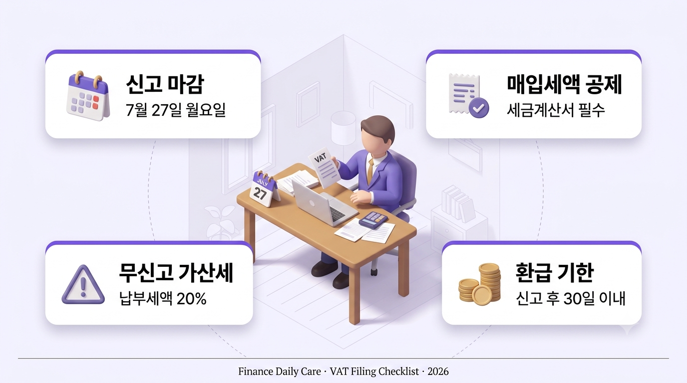 개인사업자 부가세 신고 체크리스트 인포그래픽 — 7월 27일 마감과 매입세액 공제 아이콘