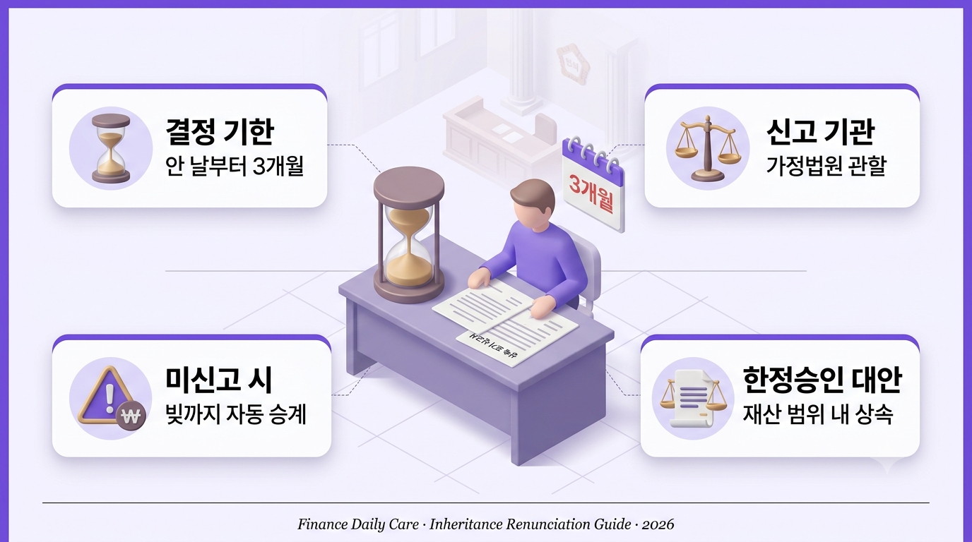 상속 포기 3개월 기한 인포그래픽 — 가정법원 신고와 한정승인 대안