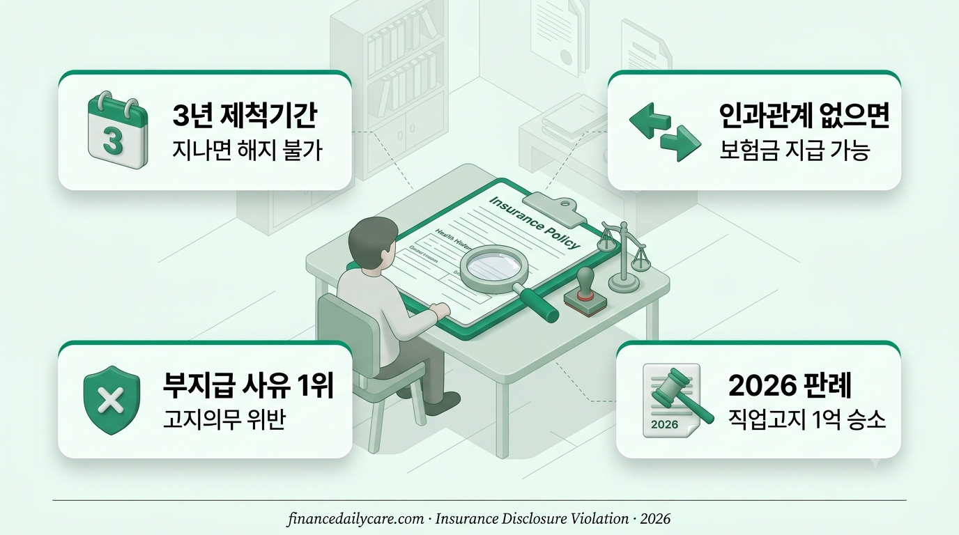 고지의무 위반 인포그래픽 — 3년 제척기간과 인과관계 원칙 팩트 카드
