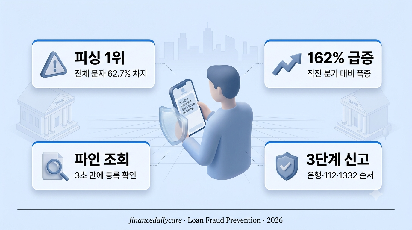 스마트폰에 뜬 대출 사기 문자 위로 방패 아이콘이 떠 있는 3D 아이소메트릭 인포그래픽 — 대출 사기 예방 신호