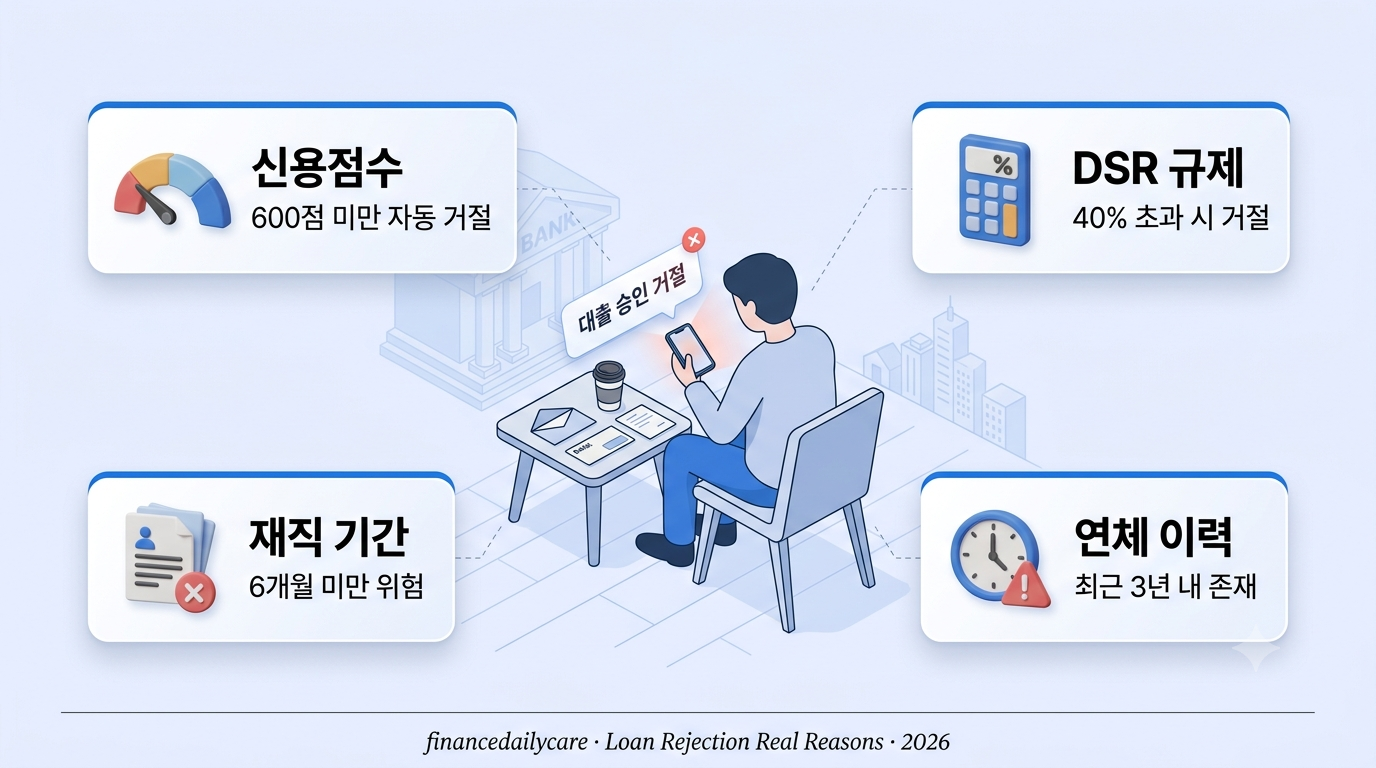 대출 거절 문자 인포그래픽 — 신용점수, DSR 40%, 재직 6개월, 연체 이력 아이콘 4개