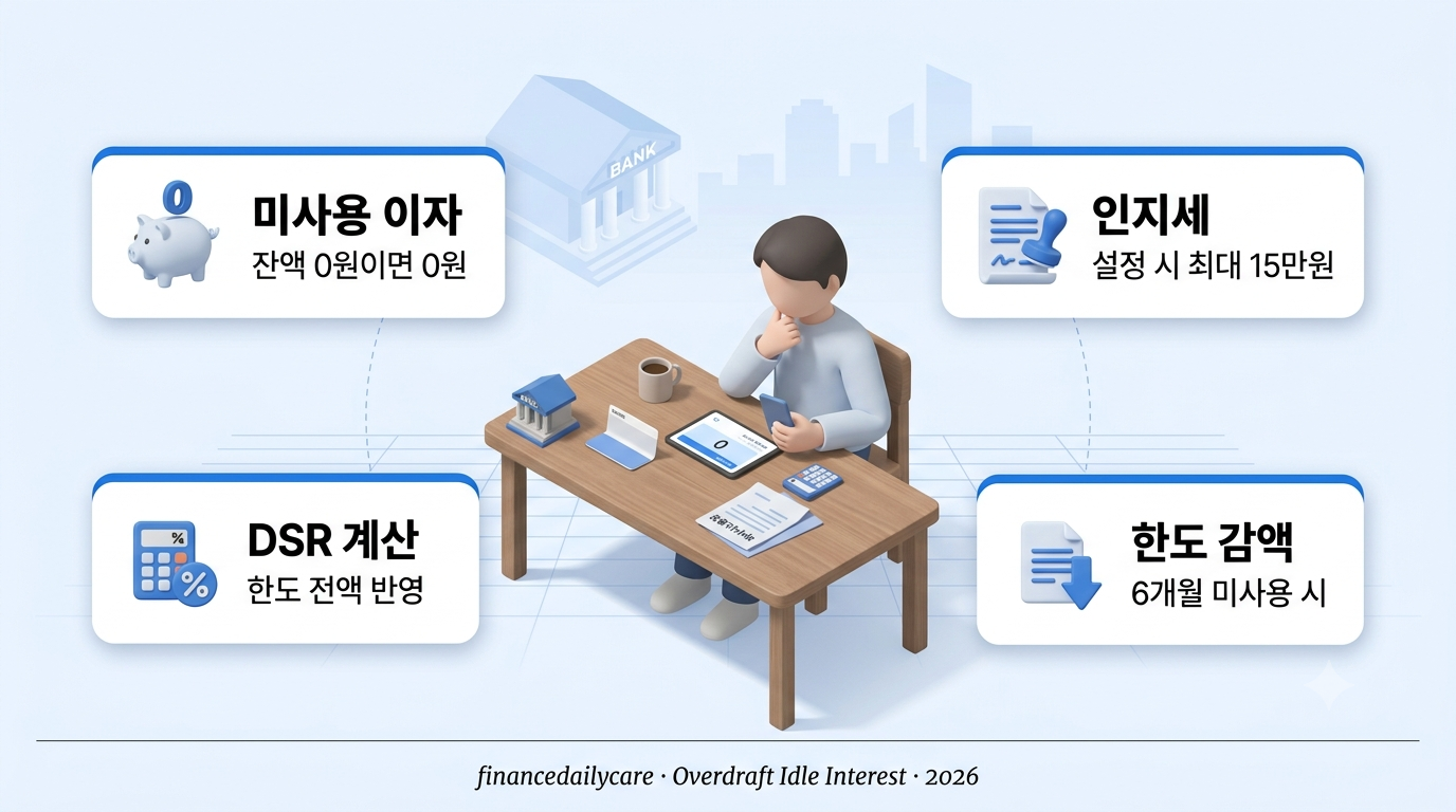마이너스통장 미사용 이자 인포그래픽 — 잔액 0원, 인지세, DSR 반영, 자동 감액 아이콘 4개