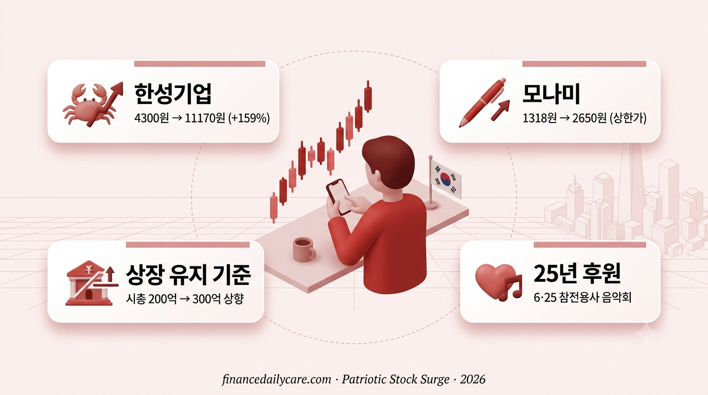 애국 테마주 급등 인포그래픽 - 한성기업 모나미 상장폐지 위기에서 응원 매수로 반등한 배경 정리