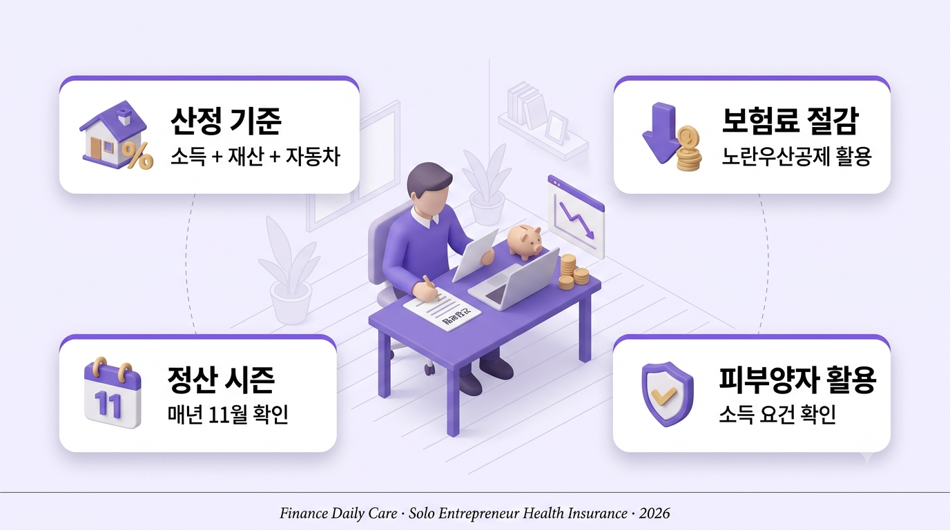 1인 사업자 건강보험료 절감 인포그래픽 — 노란우산공제 소득공제와 임의계속가입