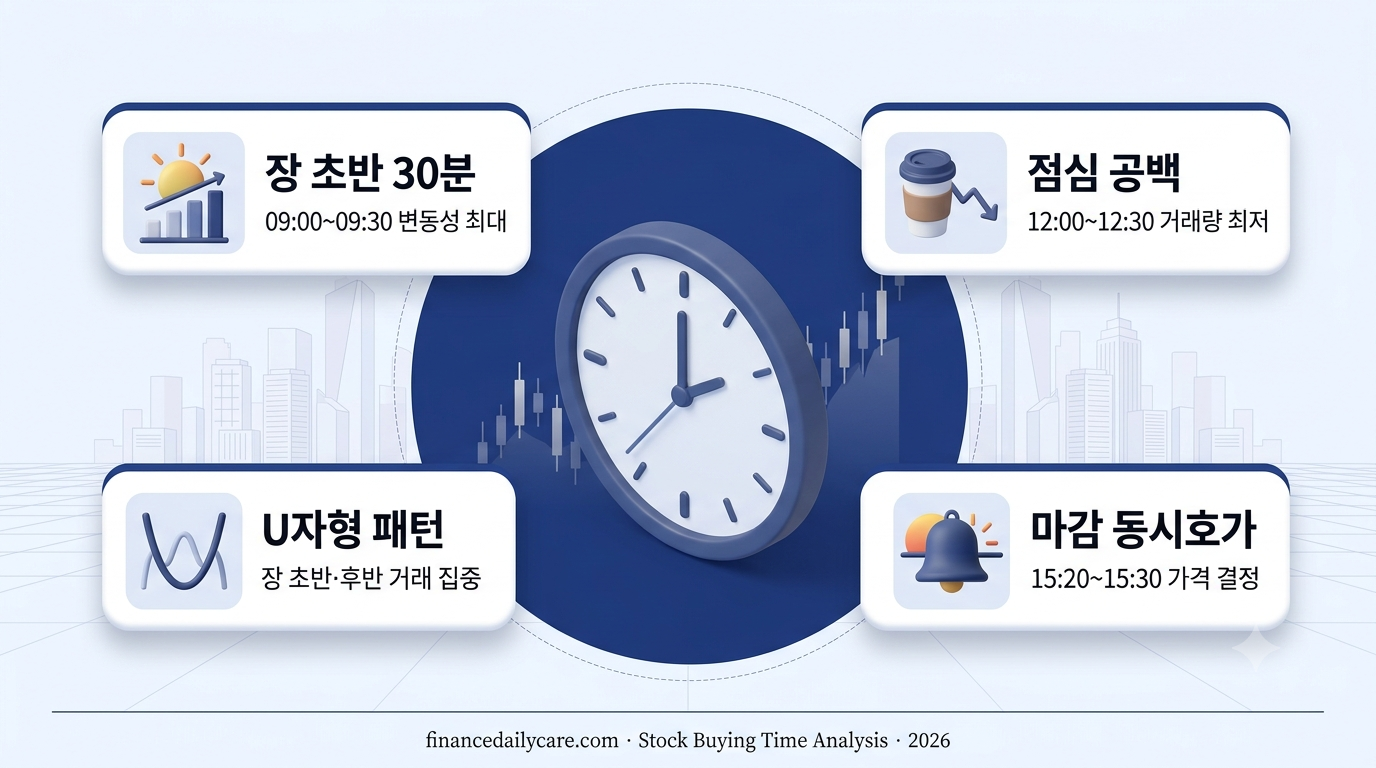 주식 매수 시간대별 거래량 U자형 패턴 인포그래픽 — 09:00 개장, 12:00 점심, 15:30 마감