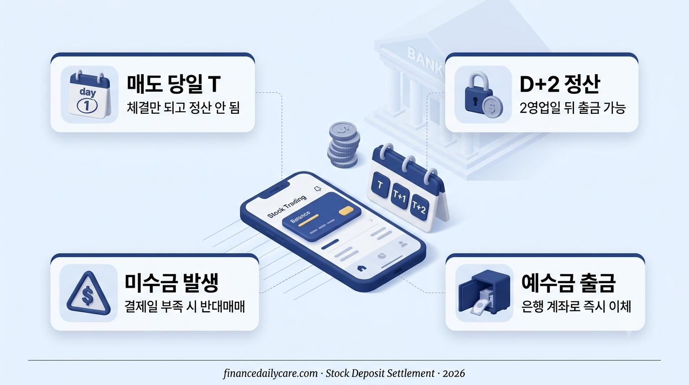 주식 예수금 D+2 결제 시스템 인포그래픽 - 매도 후 2영업일 뒤 출금 가능 원리와 미수금 반대매매 정리