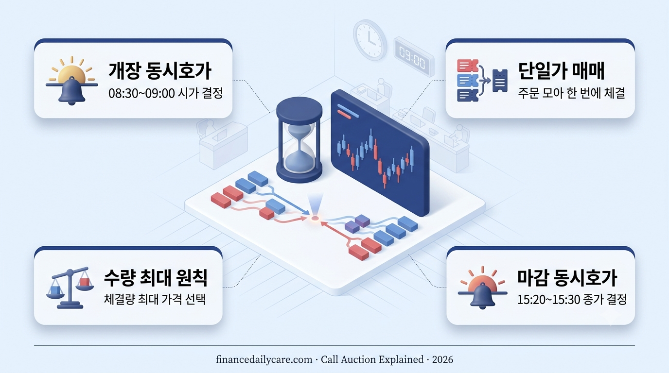 동시호가 원리 인포그래픽 - 개장 08:30 시가 결정, 마감 15:30 종가 결정, 단일가 매매 방식 정리