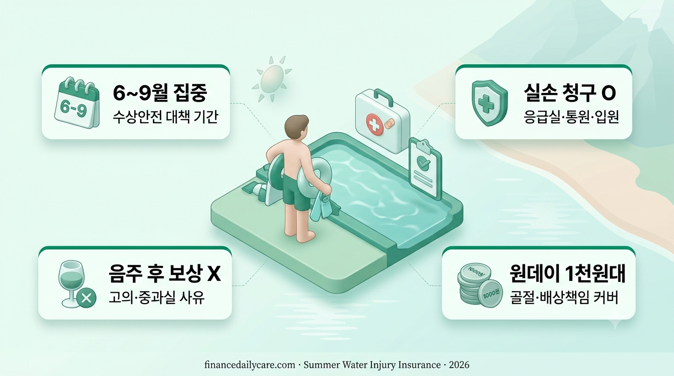 여름철 물놀이 사고 실손보험 인포그래픽 — 6~9월 집중 발생과 원데이 보험 팩트 카드