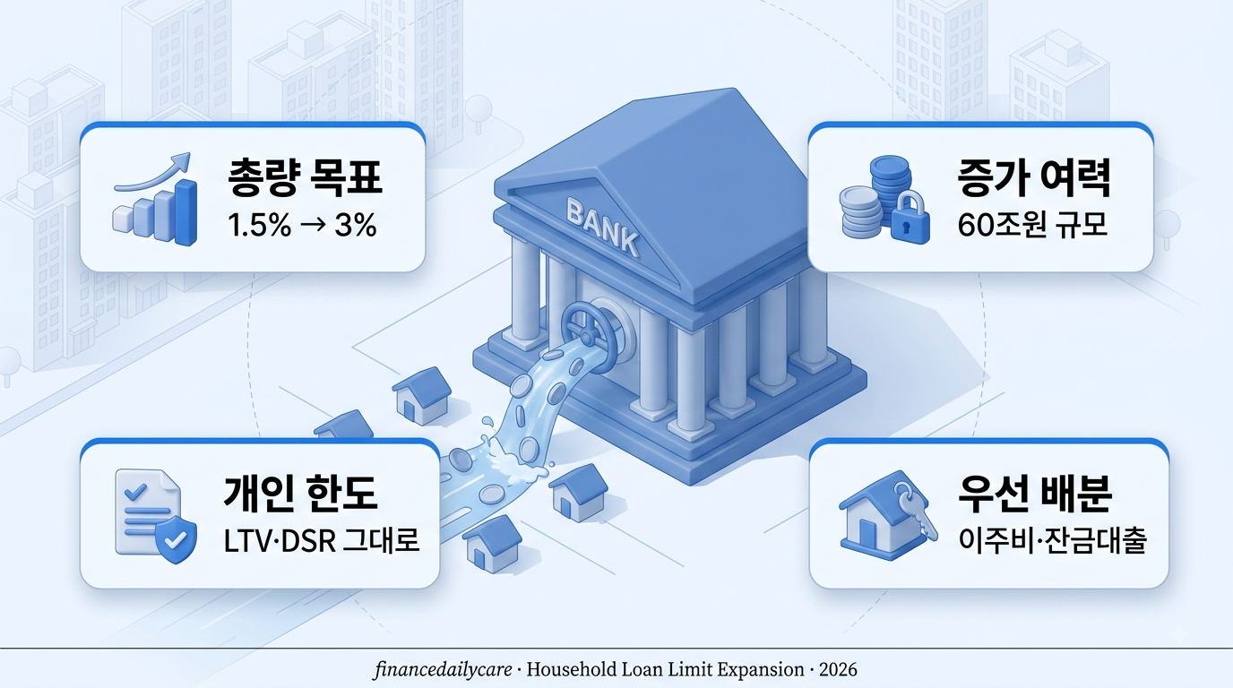 가계대출 한도 확대를 은행 건물과 상승 그래프로 표현한 일러스트