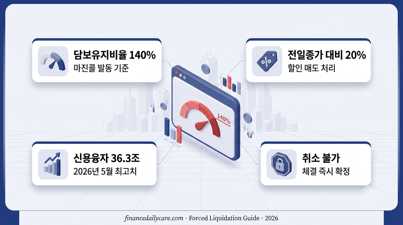 반대매매로 강제 매도되는 주식 계좌 화면과 하락하는 담보비율 그래프