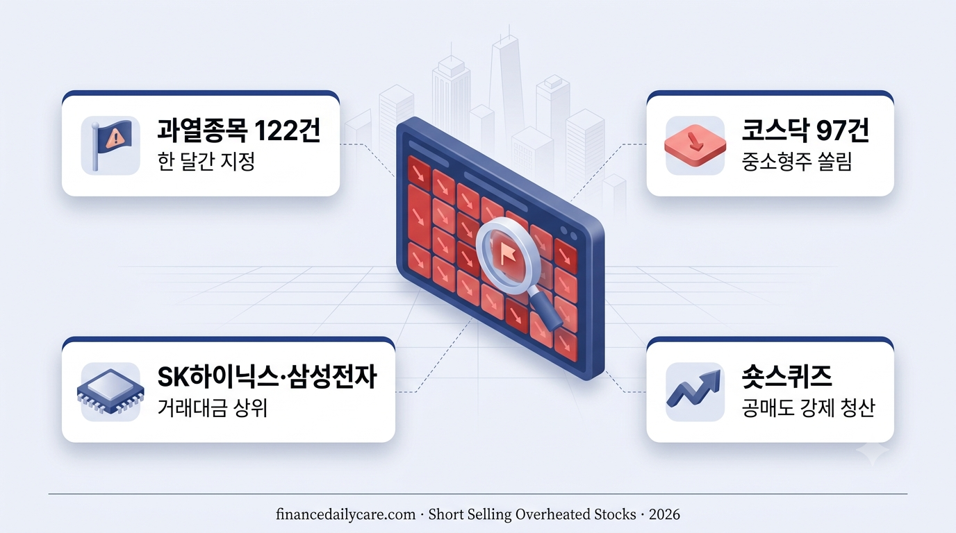 공매도 과열종목으로 지정되어 급락한 주식 차트와 경고 표시