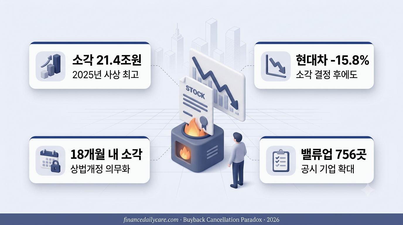 자사주 소각으로 불타는 주식과 함께 하락하는 주가 그래프를 보여주는 인포그래픽