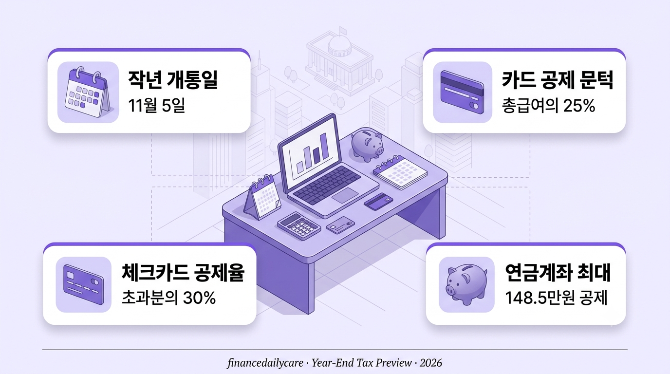 연말정산 미리보기를 준비하는 3D 인포그래픽, 계산기와 카드와 저금통이 보라색 책상 위에 놓인 모습